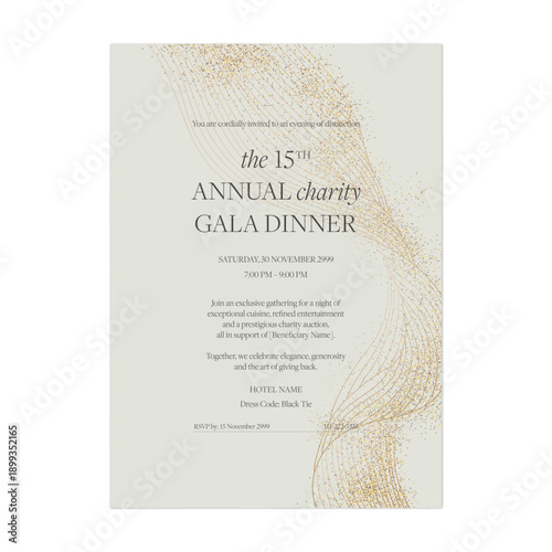Charity gala dinner invitation features elegant gold stardust and flowing golden lines on a cream background
