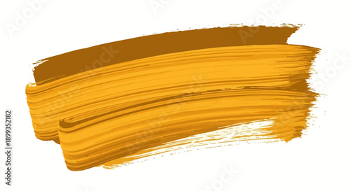 A vibrant, textured golden yellow paint brush stroke with a dynamic, sweeping motion on a white background.