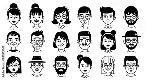 A collection of diverse cartoon-style human faces, featuring various hairstyles, glasses, and facial hair, depicted in black and white line art.