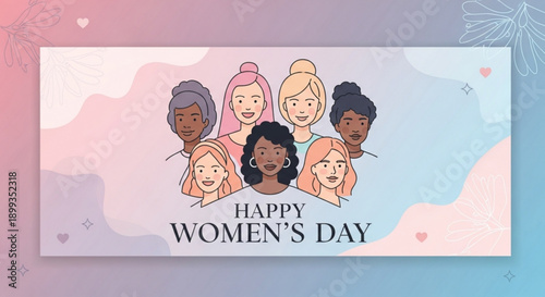 Diverse group of women celebrating happy women's day with colorful background and hearts