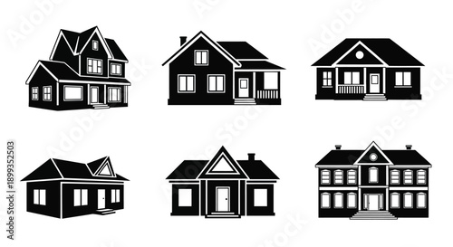Black and white house silhouettes in various architectural styles and designs