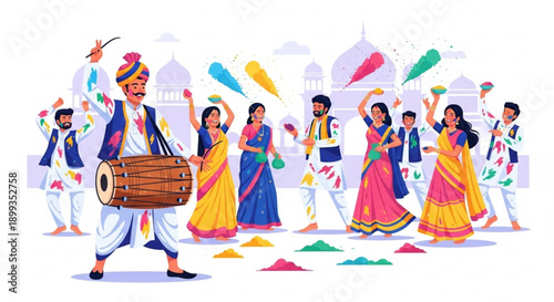 Vibrant indian people celebrating holi festival with colorful powders and joyful dance moves outdoors