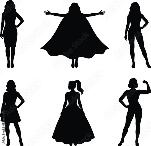 Female empowerment silhouettes set showing confident women poses superhero strength elegance diversity fashion body positivity independence vector illustration collection modern bold minimal design