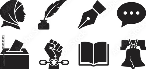 Freedom and human rights icons set featuring hijab woman pen book vote protest speech democracy journalism expression justice silhouette vector illustration