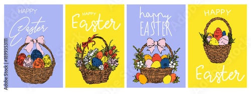 Easter Basket Collection with Colorful Eggs and Flowers