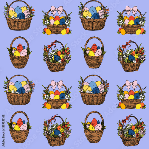 Easter Basket Pattern with Colorful Eggs and Flowers
