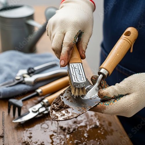 Detail shot of cleaning garden tools after working with soil and plants