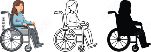 Wheelchair user illustration set showing colored outline and silhouette styles representing disability accessibility mobility inclusive healthcare support design awareness vector icons collection