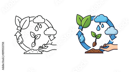 Illustrating the vital ecological cycle demonstrating sustainable growth from seed germination with nurturing rain and healthy green foliage above soil