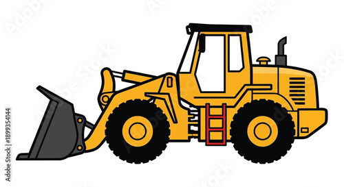 A yellow front loader with a large bucket on a white background