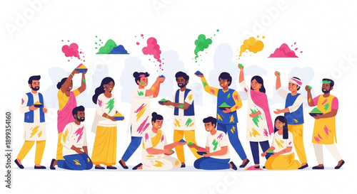 Diverse group of people celebrating holi festival with colorful powders joyful atmosphere vibrant clothing