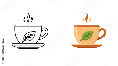 Vector icon set displaying a steaming hot cup of herbal tea with a vibrant green leaf emblem beside a contrasting black and white outline version for design versatility