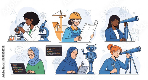 Diverse women in stem fields scientists engineers and researchers working with lab equipment and technology