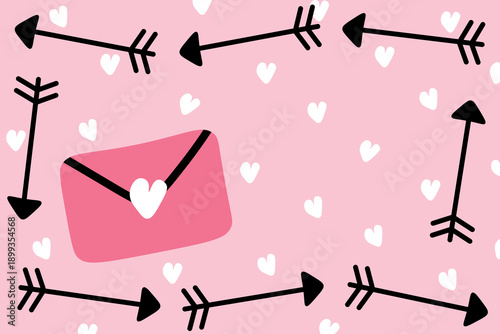 Cute envelope frame with heart and arrows. Romantic concept for Valentines Day. Flat vector design. Black and pink color.
