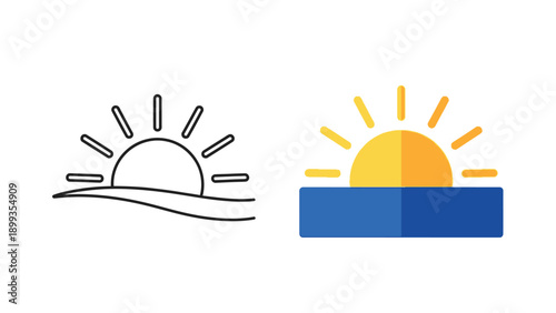 Minimalist vector icon set displaying two distinct styles of a rising sun over a horizon line ready for weather application design