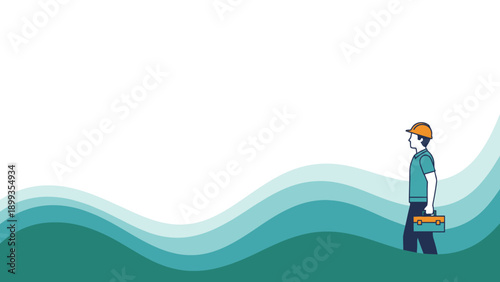 Construction worker illustration with a toolbox against an abstract background, ideal for