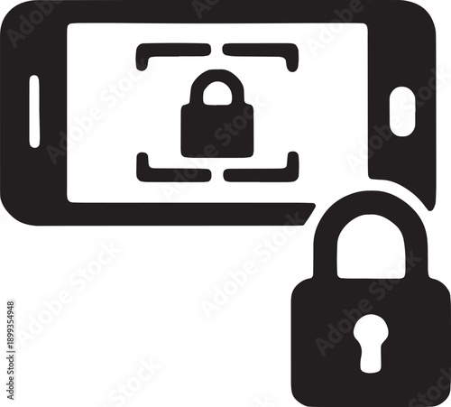 Smartphone icon with a padlock on the screen, representing mobile device management, app security, encrypted communication, and privacy, designed as a bold black vector graphic