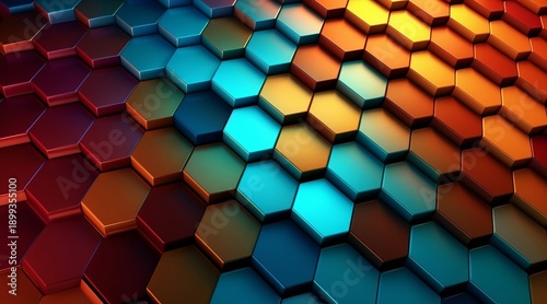 High-Angle View of Dynamic Hexagonal Grid with Metallic Gradient Lighting background