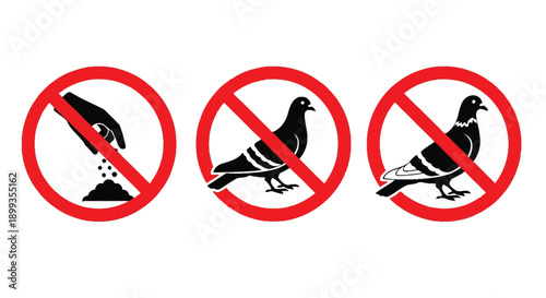 No feeding pigeons signs with red circle and line through images