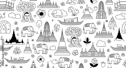 Cultural Exploration, Elephants and Temples, Thailand, Illustration, Vintage Style