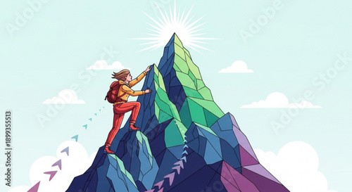 Man climbing colorful mountain peak with sun rays and clouds symbolizing achievement and success in business and personal growth