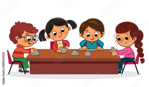 Kids Playing with Clay Clipart – Preschool Craft Activity Illustration.A cute illustration of children sitting together and playing with clay, encouraging creativity, fine motor skills.