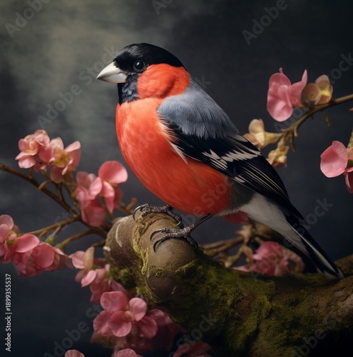 Close-Up Studio Portrait of a Eurasian Bullfinch on Textured Bark Against Black Background