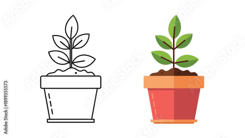 Gardener's perfect companion this seedling in a terracotta pot is shown in both a black outline drawing and a vibrant flat color illustration side by side