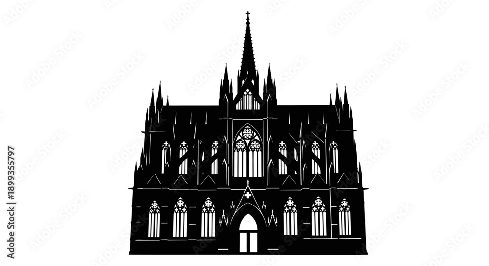 Obraz premium Silhouette of a Gothic-style cathedral with pointed arches and spires.