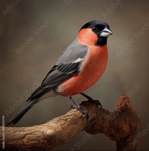Close-Up Studio Portrait of a Eurasian Bullfinch on Textured Bark Against Black Background