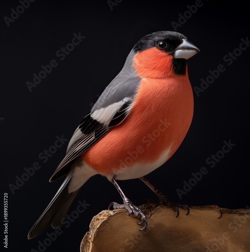 Close-Up Studio Portrait of a Eurasian Bullfinch on Textured Bark Against Black Background