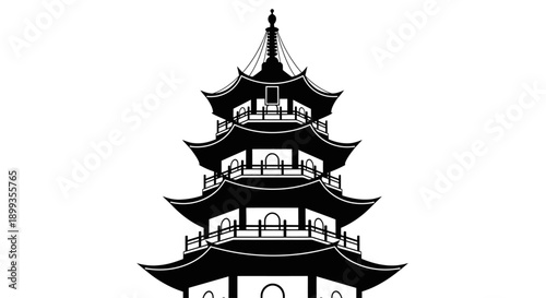 Traditional multi-tiered Asian pagoda silhouette with intricate roof details.