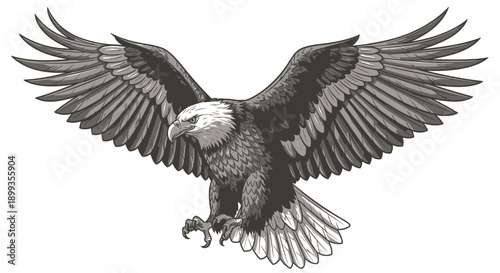 Detailed illustration of a bald eagle in flight with wings spread wide.