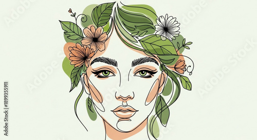Woman with floral crown and green leaves in hair serene expression natural beauty earthy tones bohemian style illustration