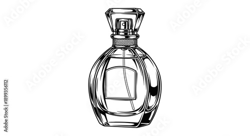 Elegant vintage glass perfume bottle with stopper in black and white sketch style.