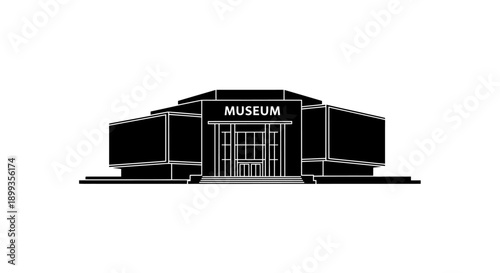 Front view of a modern museum building silhouette with entrance and signage.