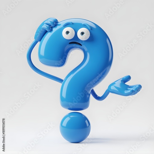 A whimsical blue question mark character with expressive eyes and a thoughtful pose