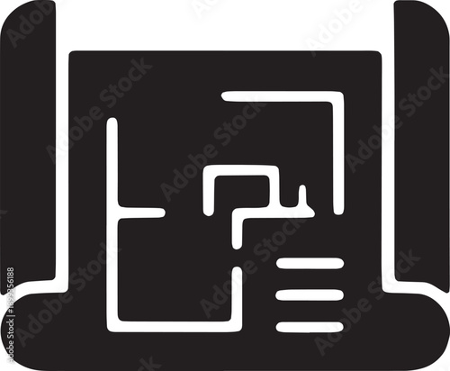 Rolled out technical blueprint icon, representing system architecture, infrastructure planning, schematic design, and engineering layouts, designed in a clean black vector format