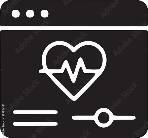 Dashboard window icon with a heartbeat line, representing system monitoring, uptime tracking, health checks, and status reporting, designed as a bold black vector graphic