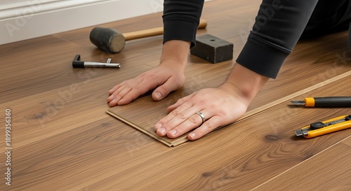 Professional laying laminate flooring, installing with hammer and tools