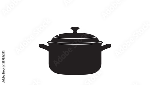 Silhouette of cooking pot with lid and handles icon representing kitchen utensil for boiling or simmering food on white