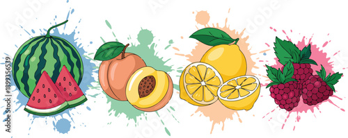 Fresh Fruit Splash Icon Set  Watermelon, Peach, Lemon, Raspberry Juicy Illustrations