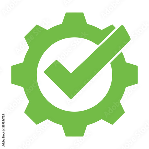 Green gear icon with checkmark symbol for approval and settings configuration icon