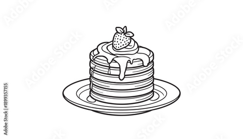 Stack of pancakes with syrup and strawberry on top hand drawn in black and white style isolated on white for food design
