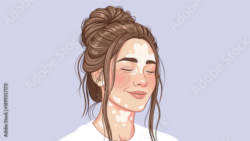 Beautiful woman with vitiligo smiles peacefully with her eyes closed and hair in a bun against a light purple background.