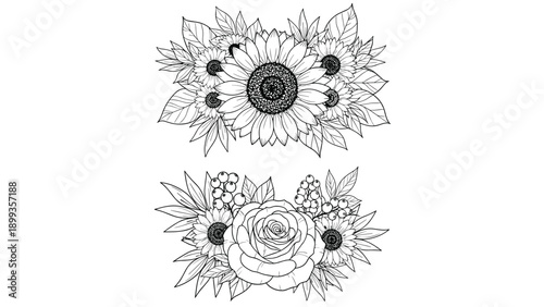 Black and white botanical sketches of sunflowers and a rose bouquet arranged in elegant floral compositions for coloring or design.