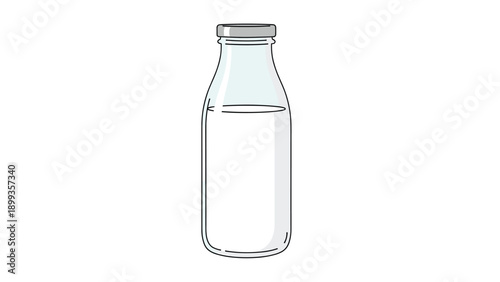 Clear glass bottle filled with fresh milk and sealed with a silver metal cap is shown against a white background.