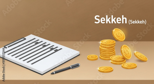 Sekkeh coins stack on desk with clipboard and pen symbolizing finance and economy