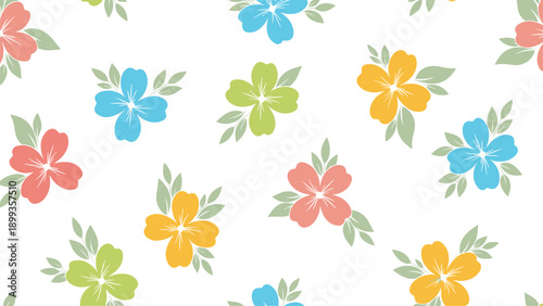 Seamless pattern of vibrant multi-colored four-petal flowers with green leaves arranged on a clean white backdrop.