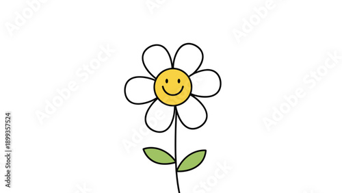 Cheerful illustration of a white daisy flower with a bright yellow center and a happy smiling face on its core.
